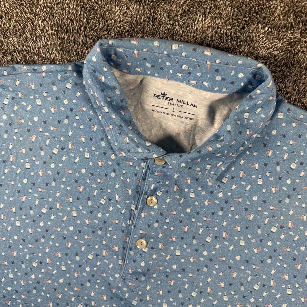 Peter Millar Polo Mens Large Seaside Blue Cocktail Pineapple Print Pima Cotton